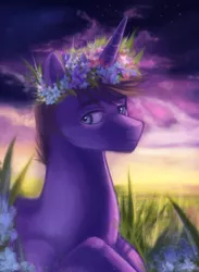 Size: 754x1030 | Tagged: safe, artist:annielith, derpibooru import, oc, unofficial characters only, pony, unicorn, floral head wreath, flower, flower in hair, male, solo, stallion, wreath