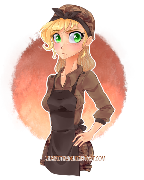 Size: 1356x1693 | Tagged: alternate timeline, applejack, artist:zorbitas, crystal war timeline, derpibooru import, human, humanized, safe, solo, the cutie re-mark