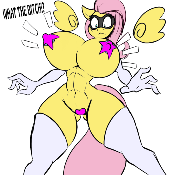 Size: 1000x1000 | Tagged: questionable, artist:lil miss jay, derpibooru import, edit, fluttershy, anthro, abs, belly button, big breasts, boots, breast expansion, breasts, busty fluttershy, clothes, colored, female, gloves, growth, maebari, mask, nudity, pasties, sketch, solo, solo female, superhero, surprised, titty vixen, what the bitch