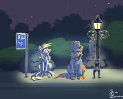 Size: 1280x1024 | Tagged: safe, artist:sevenowait, derpibooru import, derpy hooves, sourpuss, the lone lampman, pegasus, pony, season 4, briefcase, bus stop, clothes, cute, female, frown, glare, lamppost, looking at you, mare, mouth hold, nom, shadow, sitting, smiling, stool, unamused