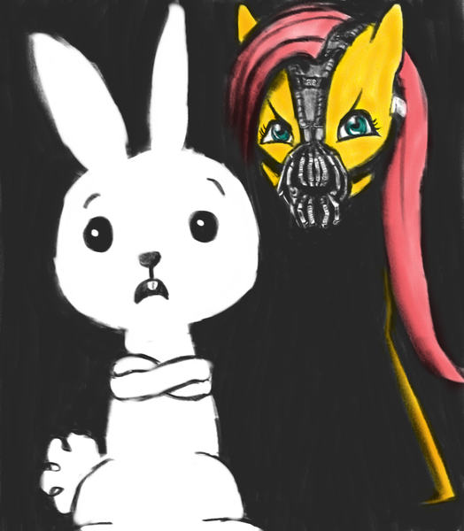 Size: 725x830 | Tagged: angel bunny, artist:trixsun, bane, dc comics, derpibooru import, fluttershy, mask, semi-grimdark, the dark knight rises, this will end in pain, this will end in tears and/or death