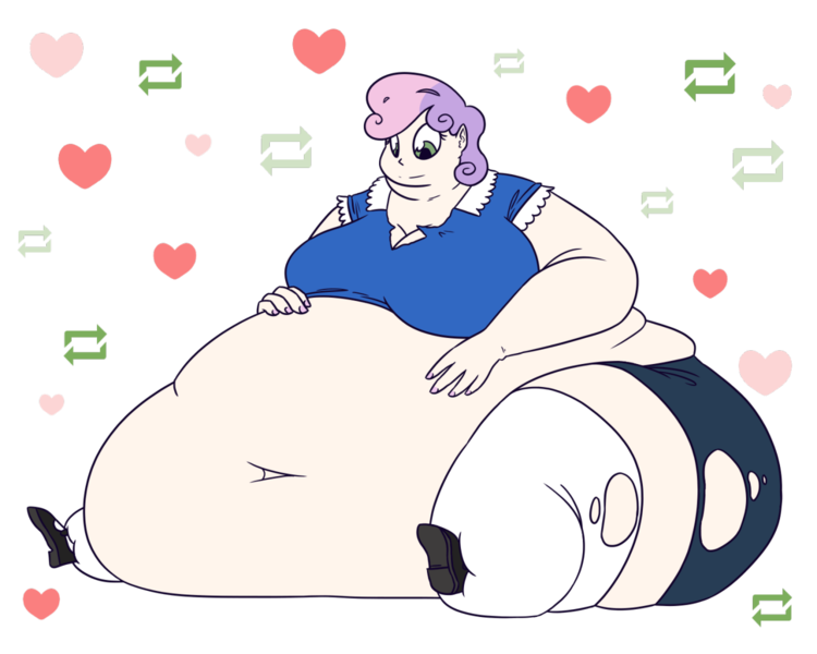 Size: 1280x1024 | Tagged: artist:bigponiesinc, belly, belly button, big belly, clothes, dead source, derpibooru import, double chin, fat, female, human, humanized, immobile, impossibly large belly, morbidly obese, note expansion, obese, older, questionable, solo, solo female, sweetie belle, sweetie belly, torn clothes, weight gain