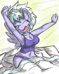 Size: 1000x1248 | Tagged: anthro, armpits, artist:flutterthrash, bed, cloudchaser, derpibooru import, morning ponies, pillow, safe, sleepy, solo, stretching, yawn