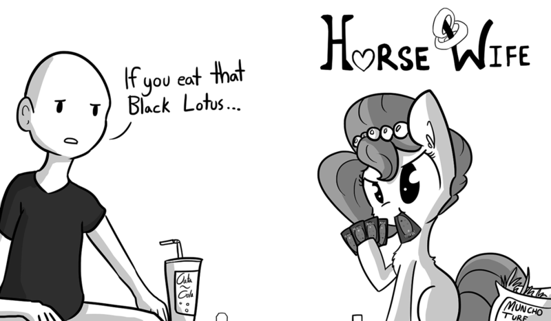 Size: 1280x747 | Tagged: safe, artist:tjpones, derpibooru import, oc, oc:brownie bun, oc:richard, unofficial characters only, human, horse wife, card, dialogue, magic the gathering, monochrome, mouth hold, simple background, this will end in tears, white background