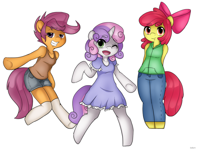 Size: 1280x973 | Tagged: anatomically incorrect, anthro, apple bloom, artist:leslers, clothes, cutie mark crusaders, derpibooru import, dress, incorrect leg anatomy, jeans, pants, safe, scootaloo, shorts, simple background, standing, sweetie belle, unguligrade anthro