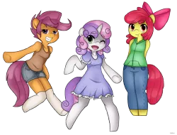 Size: 1280x973 | Tagged: anatomically incorrect, anthro, apple bloom, artist:leslers, clothes, cutie mark crusaders, derpibooru import, dress, incorrect leg anatomy, jeans, pants, safe, scootaloo, shorts, simple background, standing, sweetie belle, unguligrade anthro