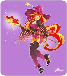 Size: 2224x2500 | Tagged: safe, artist:skirtzzz, derpibooru import, sunset shimmer, equestria girls, black mage, clothes, crossover, dress, dressphere, final fantasy, final fantasy x-2, hat, nail polish, purple background, simple background, solo, staff, witch hat