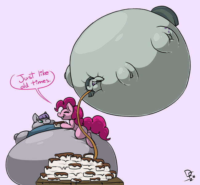 Size: 1500x1384 | Tagged: air inflation, artist:de-flator, balloonie pony, cake, derpibooru import, fat, feeding, floating away, food, helium, hose, inflation, marble pie, maud pie, obese, pinkie pie, questionable, stuffing, weight gain