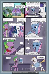 Size: 2100x3150 | Tagged: safe, artist:burning-heart-brony, derpibooru import, aloe, bulk biceps, lotus blossom, rarity, spike, comic:friendship isnt canon, alternate hairstyle, bow, bowtie, comic, dialogue, female, male, ponytail, shipping, sparity, straight, tail bow, this will end in pain