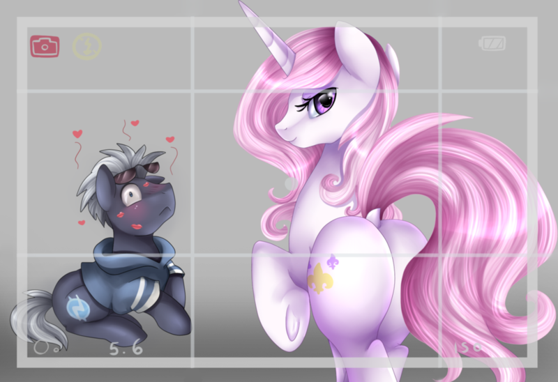 Size: 1080x740 | Tagged: artist:pridark, blushing, camera shot, commission, derpibooru import, embarrassed, fleur-de-lis, heart, kissing, kiss mark, lipstick, looking at you, looking back, oc, oc:beat, plot, silly, suggestive, sunglasses, underhoof