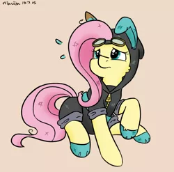 Size: 572x566 | Tagged: safe, artist:melodicmarzipan, derpibooru import, fluttershy, pegasus, pony, bunny ears, clothes, costume, dangerous mission outfit, female, goggles, hoodie, mare, simple background, solo