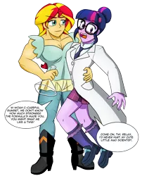 Size: 1430x1770 | Tagged: suggestive, artist:advanceddefense, derpibooru import, sci-twi, sunset shimmer, twilight sparkle, equestria girls, beaker, bedroom eyes, breasts, cleavage, clothes, commission, female, fetish, flask, glasses, lab coat, lesbian, mad scientist, muscle fetish, muscles, potion, scitwishimmer, shipping, speech bubble, sunset lifter, sunsetsparkle, super strength