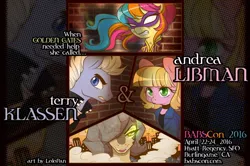 Size: 760x506 | Tagged: andrea libman, artist:lolopan, babscon, babscon mascots, derpibooru import, oc, oc:golden gates, oc:queen quake, safe, superhero, terry klassen, unofficial characters only