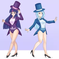 Size: 2500x2535 | Tagged: artist:jonfawkes, beautiful, bowtie, clothes, commission, cute, dancing, derpibooru import, diatrixes, duo, hat, high heels, human, humanized, jazz hands, legs, leotard, magician, magician outfit, safe, shoes, smiling, tap dancing, top hat, trixie, tuxedo, twiabetes, twilight sparkle