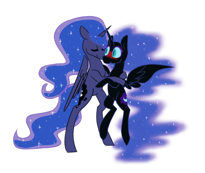 Size: 1280x1078 | Tagged: artist:breadcipher, blushing, cute, derpibooru import, duality, hug, nightmare moon, princess luna, safe, simple background, transparent background