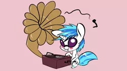 Size: 1280x720 | Tagged: safe, derpibooru import, vinyl scratch, pony, blushing, chibi, cutie mark, glasses, gramophone, music, music notes, open mouth, sitting, smiling, solo