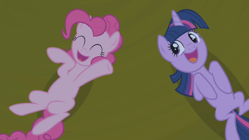 Size: 1280x720 | Tagged: safe, derpibooru import, screencap, pinkie pie, twilight sparkle, earth pony, pony, unicorn, friendship is magic, cute, diapinkes, eyes closed, female, laughing, mare, on back, open mouth, twiabetes, unicorn twilight