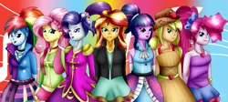 Size: 3645x1635 | Tagged: safe, artist:midfire, derpibooru import, applejack, fluttershy, pinkie pie, rainbow dash, rarity, sunset shimmer, twilight sparkle, equestria girls, friendship through the ages, humane seven