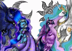 Size: 2048x1440 | Tagged: safe, artist:alicetam, derpibooru import, princess celestia, princess luna, trixie, twilight sparkle, twilight sparkle (alicorn), alicorn, pony, unicorn, :o, chest fluff, ear fluff, female, fluffy, flying, lidded eyes, looking at you, looking back, mare, moon, open mouth, raised hoof, shoulder fluff, simple background, sitting, smiling, spread wings, sun, white background, wing fluff, wings