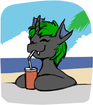 Size: 304x343 | Tagged: :3, artist:noveltmods, beach, changeling, cute, derpibooru import, drinking, eyes closed, female, oc, oc:bucketling, safe, smiling, solo, unofficial characters only