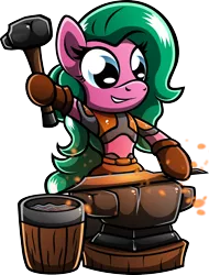 Size: 1130x1484 | Tagged: safe, artist:skunkdj, derpibooru import, oc, oc:aenala, unofficial characters only, pony, anvil, bipedal, blacksmith, bucket, hammer, smithing, solo, sword, weapon