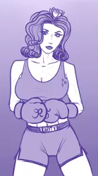 Size: 450x810 | Tagged: abs, artist:hellbridge, big breasts, boxer, boxing gloves, boxing shorts, breasts, busty rarity, clothes, derpibooru import, female, human, humanized, monochrome, rarity, safe, shorts, solo, sports bra, sports shorts