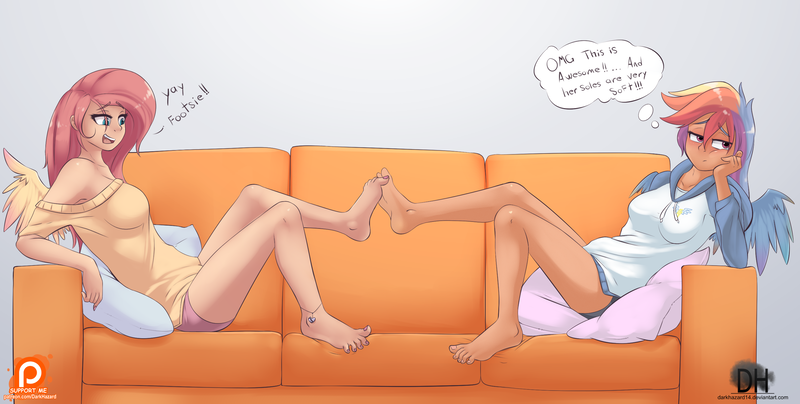 Size: 2800x1413 | Tagged: suggestive, artist:sugarlesspaints, derpibooru import, fluttershy, rainbow dash, human, anklet, armpits, barefoot, dialogue, feet, female, flutterdash, foot fetish, footsie, humanized, lesbian, shipping, thought bubble, tsunderainbow, tsundere, winged humanization