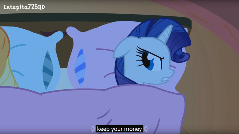 Size: 960x540 | Tagged: applejack, bed, derpibooru import, look before you sleep, meme, rarity, safe, screencap, youtube caption