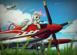 Size: 3000x2158 | Tagged: safe, artist:ruhisu, derpibooru import, oc, oc:windshear, unofficial characters only, pony, unicorn, aircraft, airfield, cloud, colored pupils, commission, engineer, female, grass, levitation, magic, mare, mustang, plane, repairing, solo, telekinesis, wrench