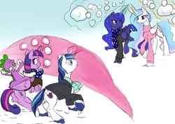 Size: 1280x905 | Tagged: safe, artist:silfoe, derpibooru import, princess celestia, princess luna, shining armor, spike, twilight sparkle, twilight sparkle (alicorn), alicorn, pony, royal sketchbook, clothes, cute, female, force field, magic, mama twilight, mare, scarf, siblings, snow, snowball fight, spikabetes, spikelove, sweater, telekinesis, twiabetes, winter