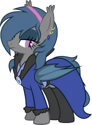 Size: 2178x2959 | Tagged: safe, artist:duskthebatpack, derpibooru import, oc, oc:river rhythm, unofficial characters only, bat pony, pony, clothes, earring, female, fluffy, hair over one eye, hairband, mare, piercing, robe, simple background, socks, solo, thigh highs, transparent background, vector