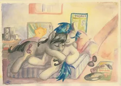 Size: 3440x2432 | Tagged: safe, artist:viv-chibi-love, derpibooru import, octavia melody, vinyl scratch, couch, female, lesbian, scratchtavia, shipping, sleeping, traditional art, watercolor painting