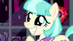 Size: 1280x720 | Tagged: cocobetes, coco pommel, cute, derpibooru import, grin, made in manehattan, safe, screencap, smiling, solo