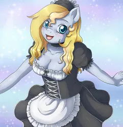 Size: 1590x1649 | Tagged: anthro, anthro oc, artist:evomanaphy, big breasts, blonde, blushing, breasts, clothes, collar, cute, derpibooru import, female, freckles, french maid, looking at you, maid, oc, oc:evo, solo, solo female, sparkles, sparkly background, suggestive, unofficial characters only