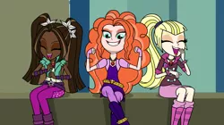 Size: 1280x719 | Tagged: safe, artist:blondenobody, derpibooru import, adagio dazzle, aria blaze, sonata dusk, equestria girls, rainbow rocks, blonde, boots, brown hair, clothes, dark skin, ginger, human coloration, natural hair color, pigtails, ponytail, redhead, skirt, socks, the dazzlings