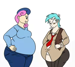 Size: 1000x900 | Tagged: artist:bigponiesinc, bbw, belly, big belly, bon blob, bon bon, dead source, derpibooru import, fat, female, human, humanized, lard-ra heartstrings, large butt, lyra heartstrings, note expansion, obese, ssbbw, suggestive, sweetie drops, weight gain