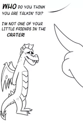 Size: 500x750 | Tagged: artist:queencold, black and white, claw, derpibooru import, dialogue, dragon, dragoness, garble, grayscale, monochrome, mother, mother and son, oc, oc:caldera, parent, safe, scolding, simple background, sketch, teenaged dragon, text, wagging finger