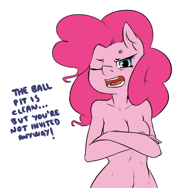 Size: 650x672 | Tagged: anthro, areola, artist:atane27, covering, crossed arms, cross-popping veins, derpibooru import, female, nipples, nudity, offended, pinkie pie, questionable, solo, solo female, tsundere