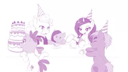 Size: 1200x681 | Tagged: artist:dstears, cake, derpibooru import, food, hat, madame le flour, monochrome, monocle, mr. turnip, party hat, party of one, pinkamena diane pie, pinkie pie, plushie, ponified, purple, rocky, role reversal, safe, sir lintsalot