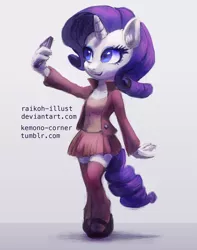 Size: 600x760 | Tagged: safe, artist:raikoh, derpibooru import, rarity, anthro, unguligrade anthro, clothes, jacket, mary janes, mobile phone, phone, pleated skirt, selfie, shirt, shoes, skirt, socks, solo, thigh highs, zettai ryouiki