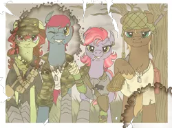 Size: 956x711 | Tagged: armor, artist:sourcherry, cigarette, derpibooru import, fallout equestria, gun, oc, oc:bravo brigade, oc:cherry soda, oc:marker round, oc:wild swing, safe, smoking, unofficial characters only, weapon