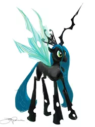 Size: 2700x3600 | Tagged: artist:jakeromano, changeling, changeling queen, derpibooru import, female, impossibly large horn, queen chrysalis, safe, simple background, solo, white background
