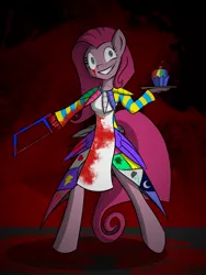 Size: 1500x2000 | Tagged: anthro, apron, artist:xain-russell, blood, clothes, cupcake, cutie mark dress, derpibooru import, fanfic:cupcakes, food, hacksaw, pinkamena diane pie, pinkie pie, rainbow cupcake, semi-grimdark, slasher smile, solo, unguligrade anthro