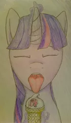 Size: 2988x5200 | Tagged: suggestive, artist:shirotanuki, derpibooru import, pinkie pie, twilight sparkle, pony, food, ice cream, ice cream cone, imminent vore, micro, open mouth, pinkie prey, plot, ponies in food, tongue out, traditional art, twipred, unaware, uvula