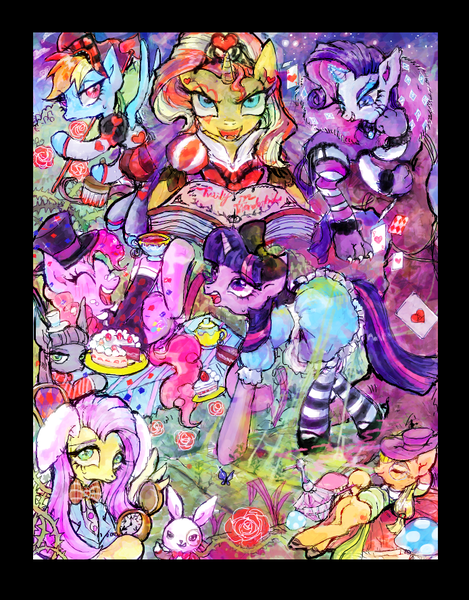 Size: 694x888 | Tagged: safe, artist:onofuji, derpibooru import, angel bunny, applejack, fluttershy, maud pie, pinkie pie, rainbow dash, rarity, sunset shimmer, twilight sparkle, butterfly, caterpillar, pony, alice in wonderland, cake, cheshire cat, crossover, dormouse, flower, food, mad hatter, mushroom, playing card, red queen, rose, tea, thorns, watch, white rabbit