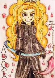 Size: 999x1400 | Tagged: safe, artist:blazingdazzlingdusk, derpibooru import, adagio dazzle, equestria girls, crossover, drawing, grin, kingdom hearts, looking at you, marluxia, organization xiii, solo, traditional art, weapon