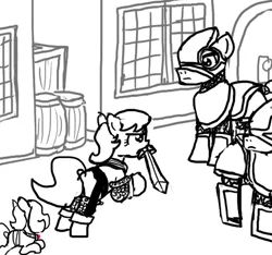 Size: 640x600 | Tagged: semi-grimdark, artist:ficficponyfic, derpibooru import, oc, oc:emerald jewel, unofficial characters only, earth pony, pony, colt quest, adult, amulet, armor, bandage, barrel, barrels, box, building, chainmail, charge, child, colt, cyoa, danger, demon hunter, door, escape, female, fight, galloping, guard, guards, male, mare, running, squire, stallion, story included, street, sword, weapon, window