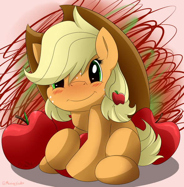 Size: 2040x2068 | Tagged: apple, applejack, artist:mercurycraft7, blushing, cute, derpibooru import, filly, filly applejack, food, jackabetes, looking at you, safe, smiling, solo