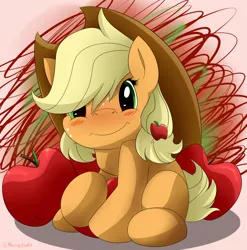 Size: 2040x2068 | Tagged: apple, applejack, artist:mercurycraft7, blushing, cute, derpibooru import, filly, filly applejack, food, jackabetes, looking at you, safe, smiling, solo