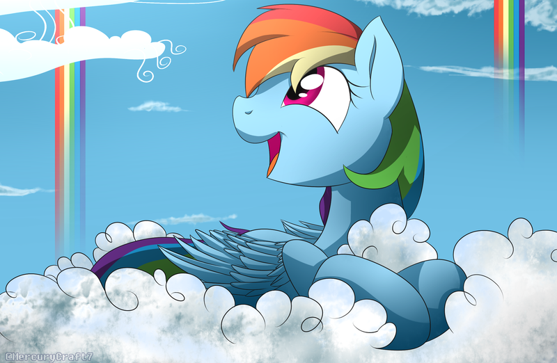 Size: 2300x1500 | Tagged: safe, artist:mercurycraft7, derpibooru import, rainbow dash, cloud, prone, rainbow waterfall, solo